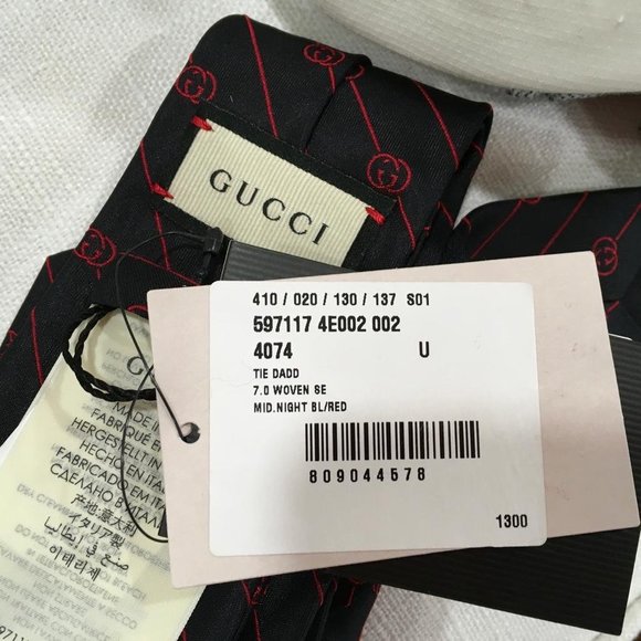 Gucci Men's Print Interlocking Red Double GG Motifs Tie Navy Blue Color DM11 - Picture 3 of 5